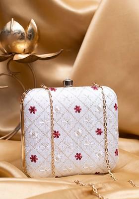 White Satin Floral Embroidered Box Clutch With Sling Chain