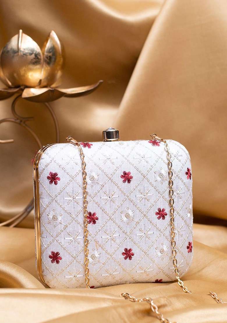 White Satin Floral Embroidered Box Clutch With Sling Chain - Indya