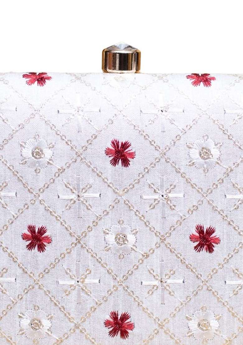 White Satin Floral Embroidered Box Clutch With Sling Chain - Indya