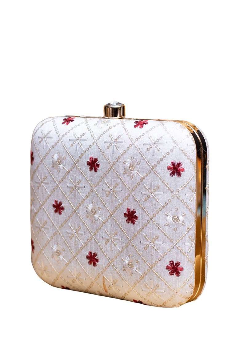 White Satin Floral Embroidered Box Clutch With Sling Chain - Indya