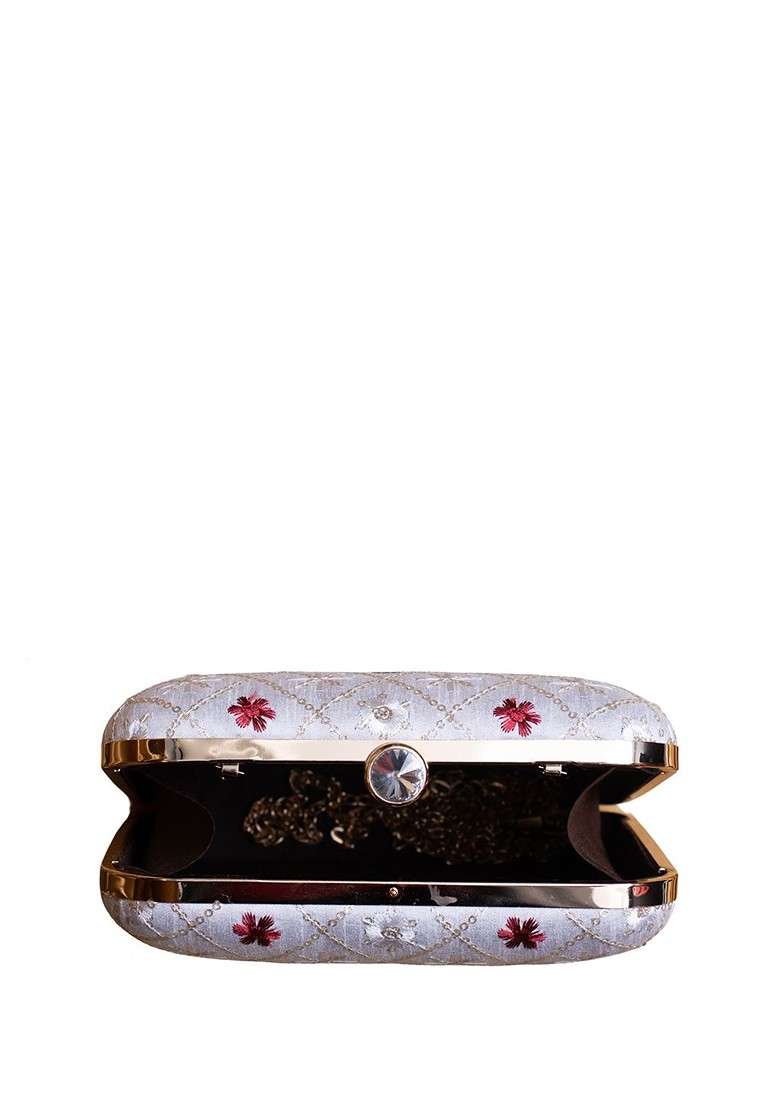 White Satin Floral Embroidered Box Clutch With Sling Chain - Indya