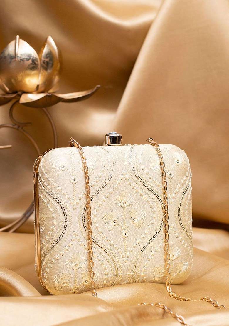 Off White Satin Sequins And Thread Work Embroidered Box Clutch With Sling Chain - Indya