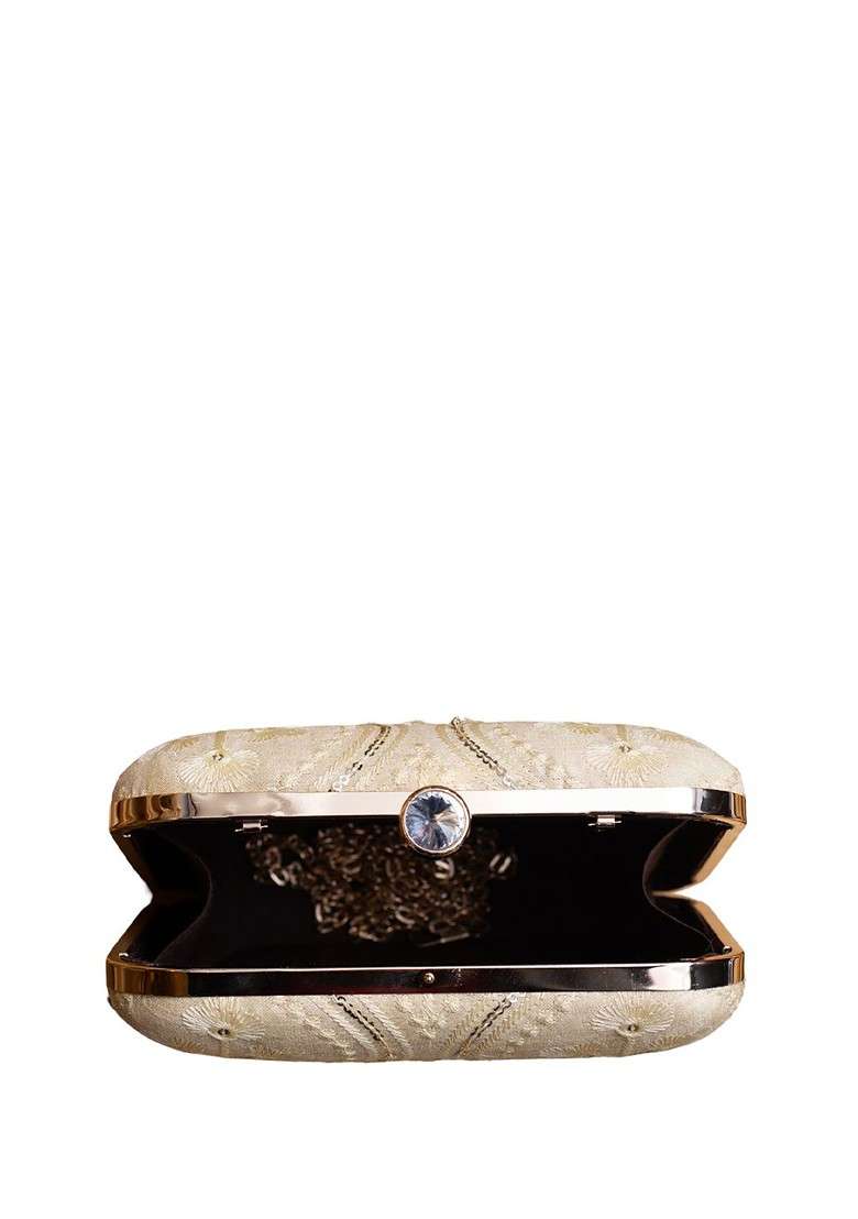 Off White Satin Sequins And Thread Work Embroidered Box Clutch With Sling Chain - Indya