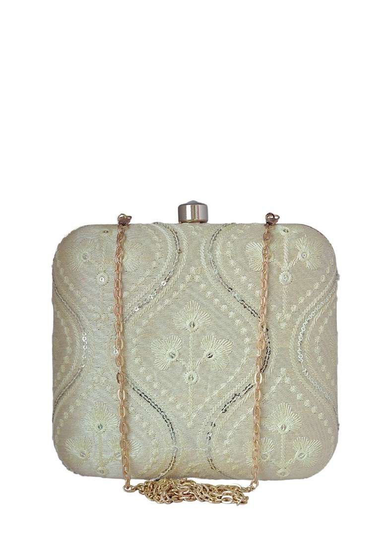 Off White Satin Sequins And Thread Work Embroidered Box Clutch With Sling Chain - Indya