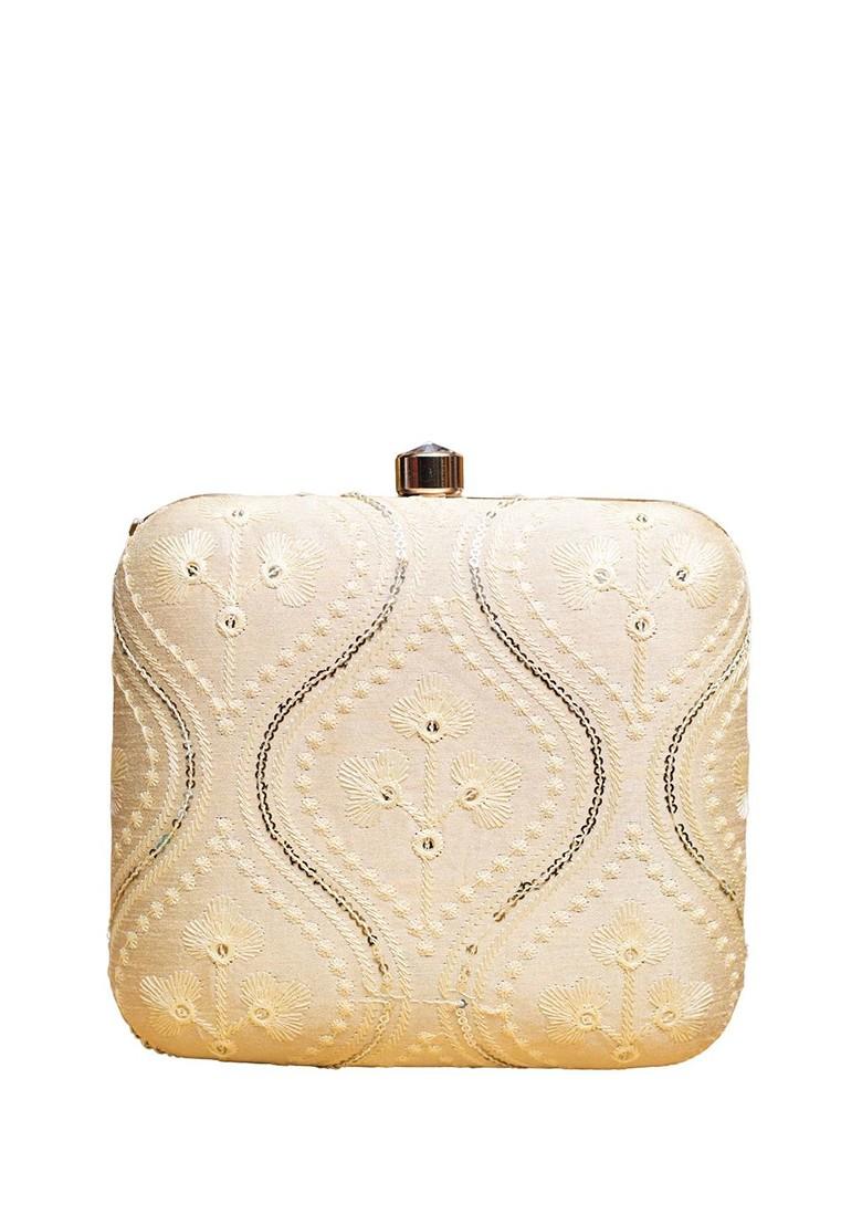 Off White Satin Sequins And Thread Work Embroidered Box Clutch With Sling Chain - Indya