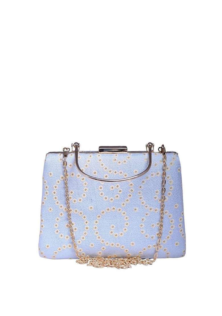 Blue Fabric Floral Printed Box Clutch - Indya