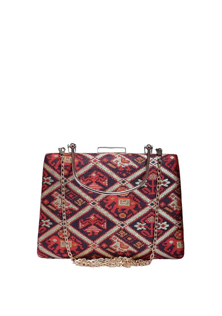 Brown Fabric Patola Printed Box Clutch - Indya