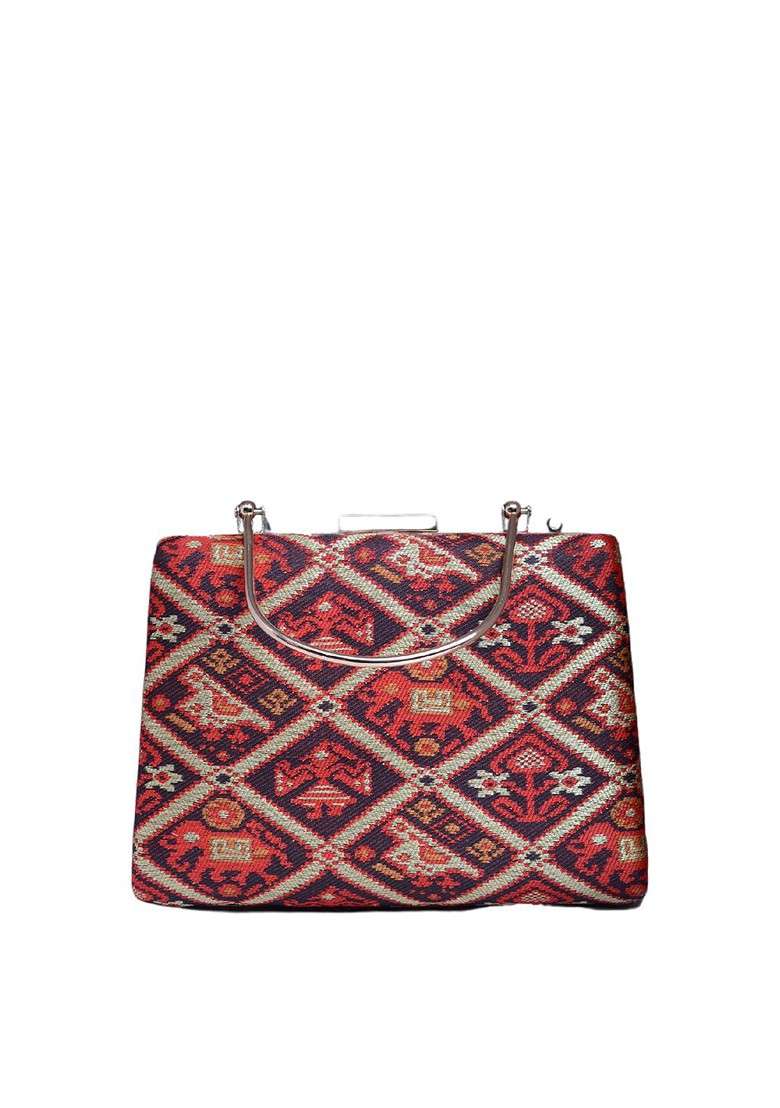 Brown Fabric Patola Printed Box Clutch - Indya