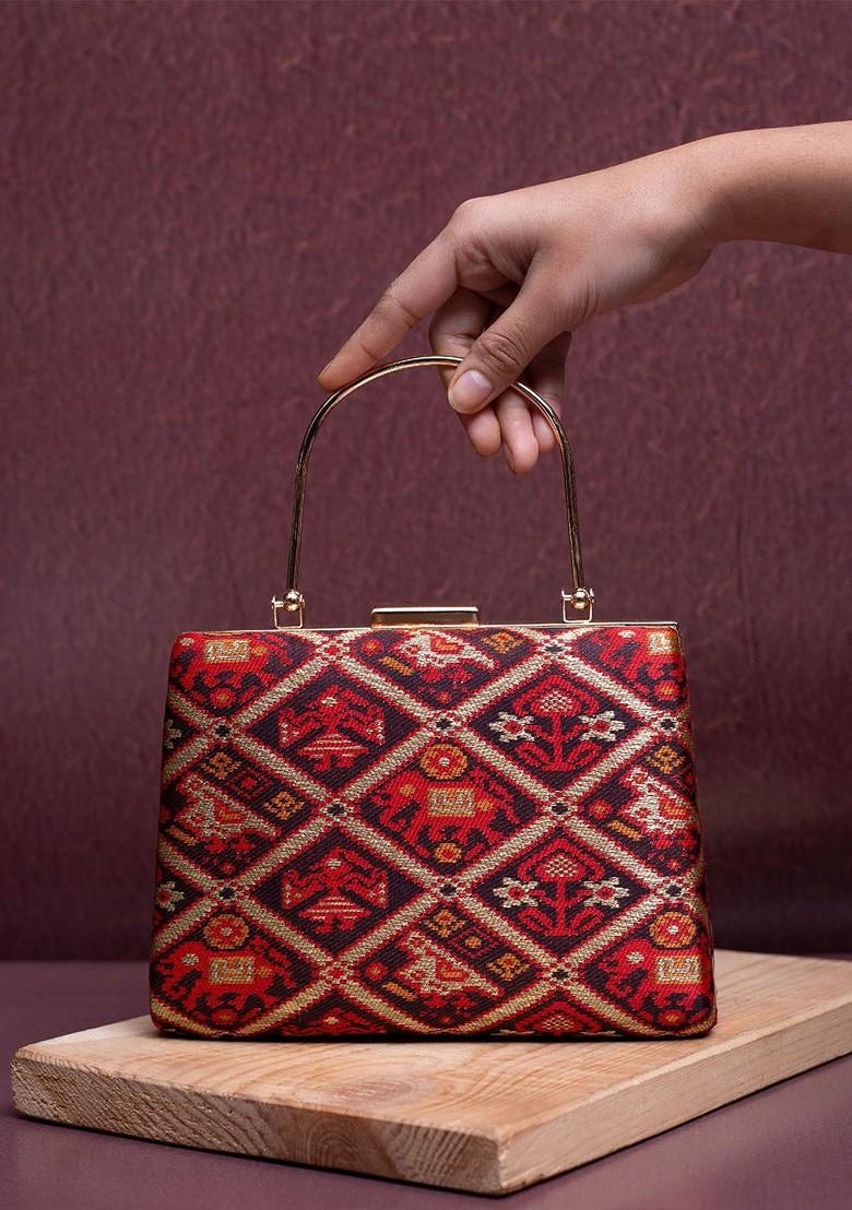 Brown Fabric Patola Printed Box Clutch - Indya