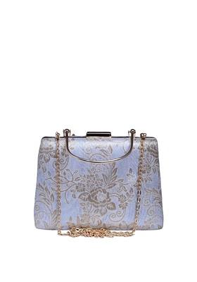 White Fabric Floral Printed Brocade Box Clutch