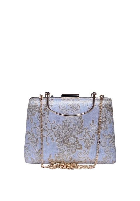 White Fabric Floral Printed Brocade Box Clutch