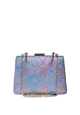 Blue Fabric Floral Printed Box Clutch