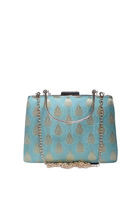 Green Fabric Ethnic Motifs Printed Brocade Box Clutch