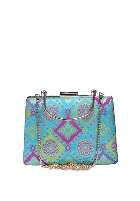 Blue Fabric Ethnic Motifs Printed Silk Box Clutch