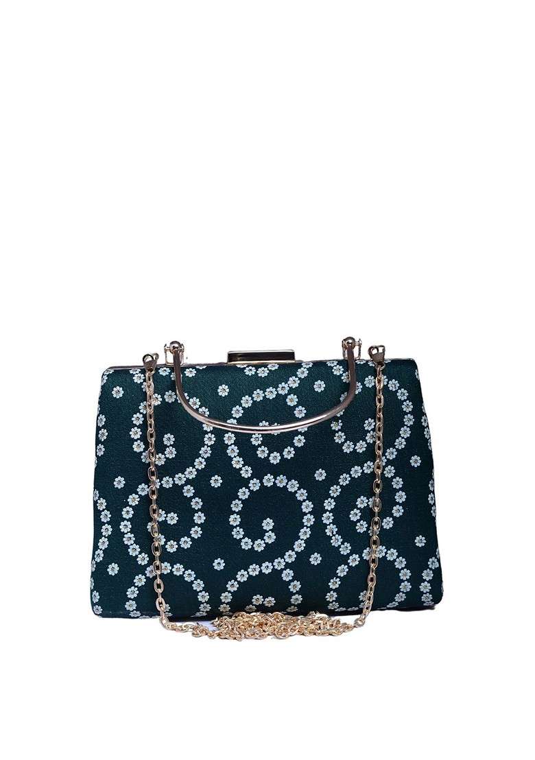 Green Fabric Floral Printed Box Clutch - Indya