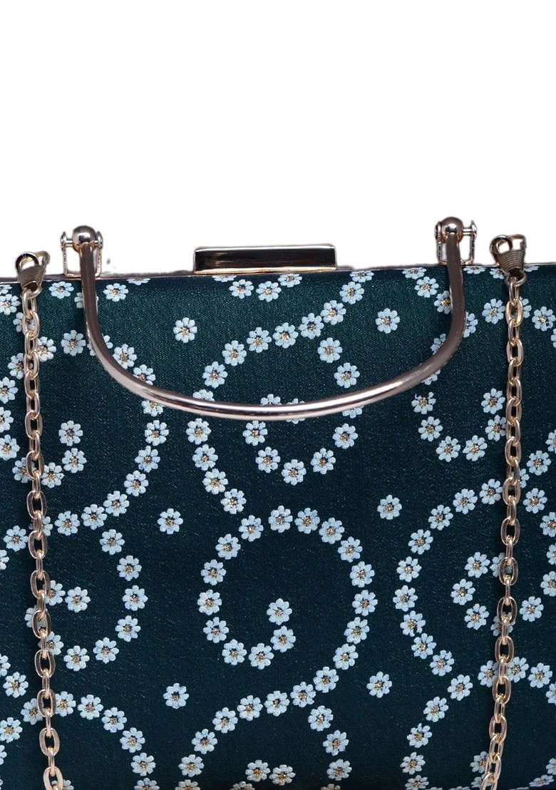 Green Fabric Floral Printed Box Clutch - Indya