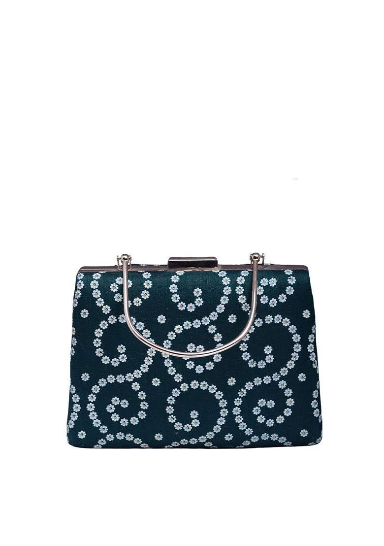 Green Fabric Floral Printed Box Clutch - Indya