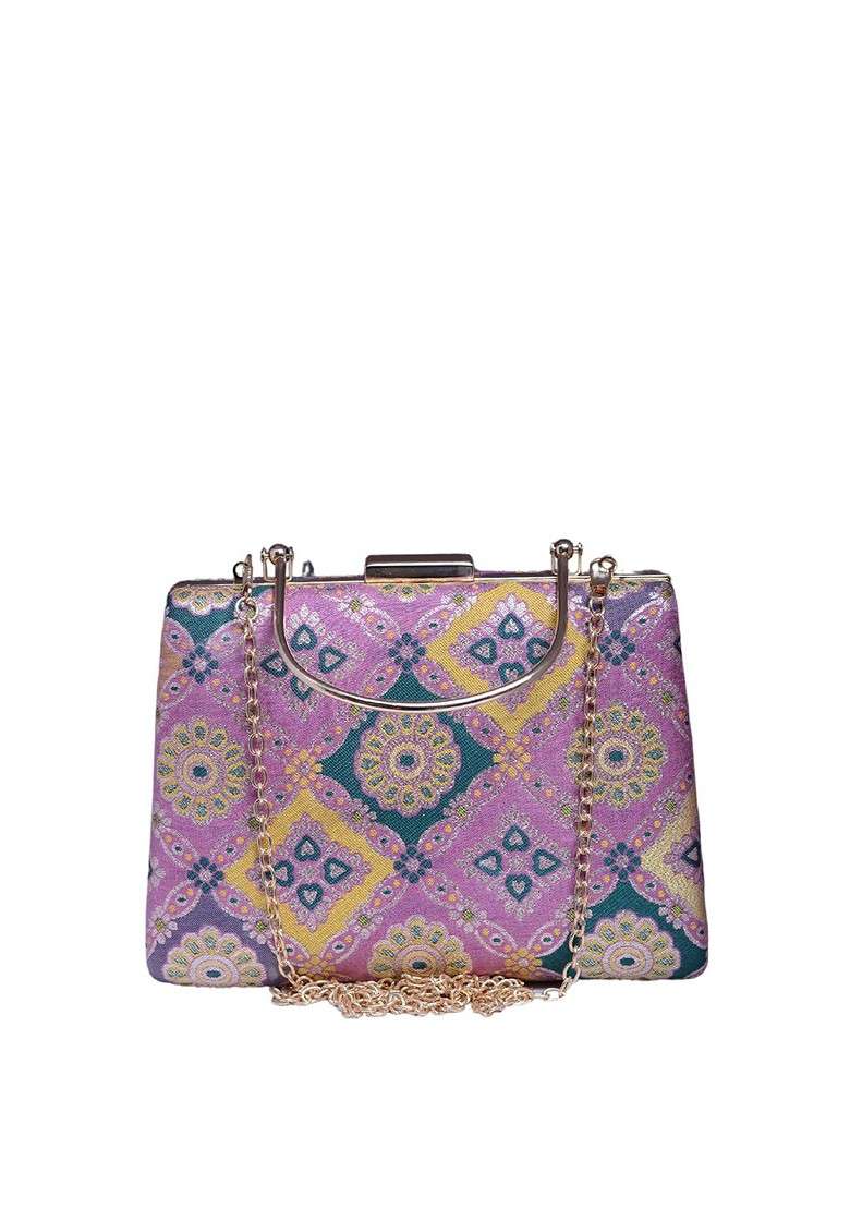 Pink Fabric Ethnic Motifs Printed Silk Box Clutch - Indya