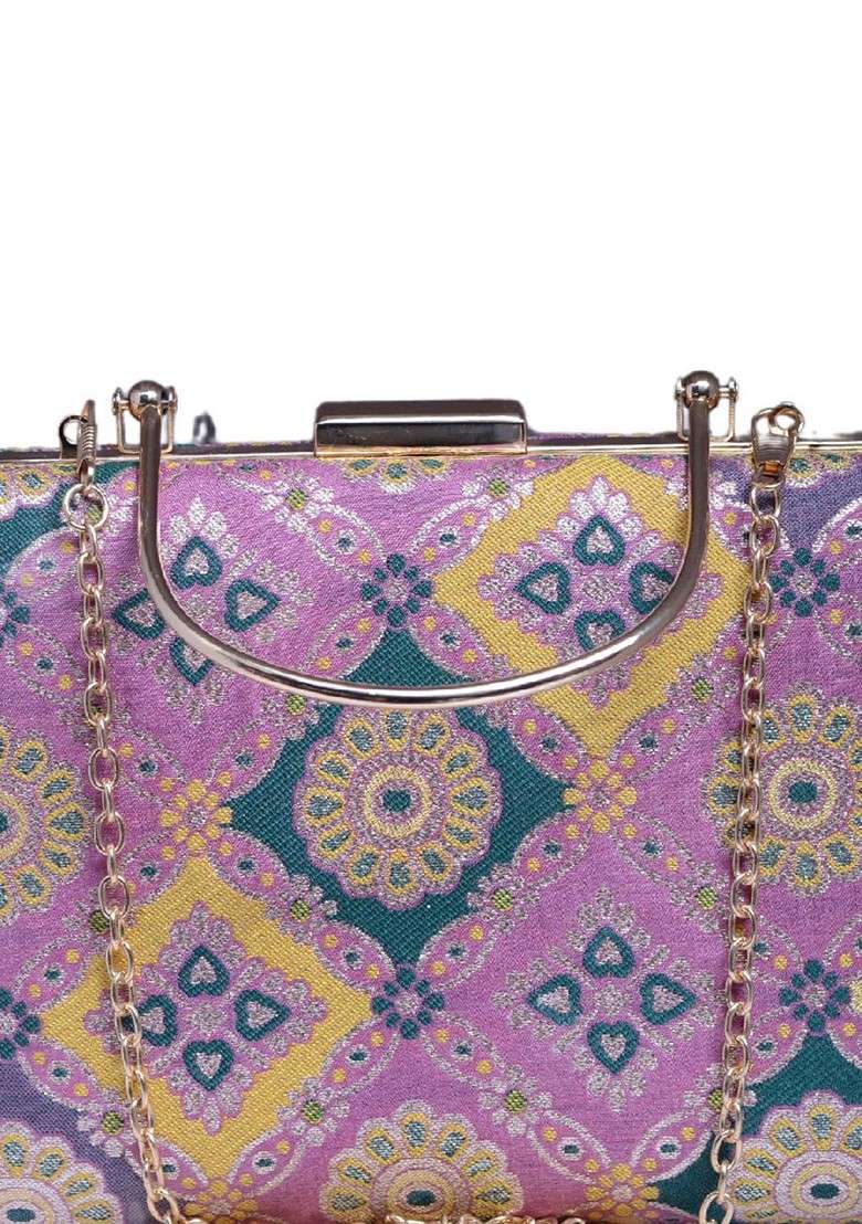 Pink Fabric Ethnic Motifs Printed Silk Box Clutch - Indya