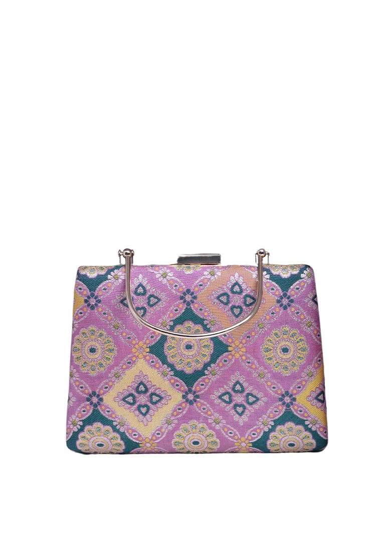 Pink Fabric Ethnic Motifs Printed Silk Box Clutch - Indya