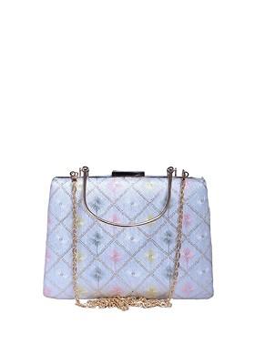 White Satin Ethnic Motifs Embroidered Thread Work Box Clutch