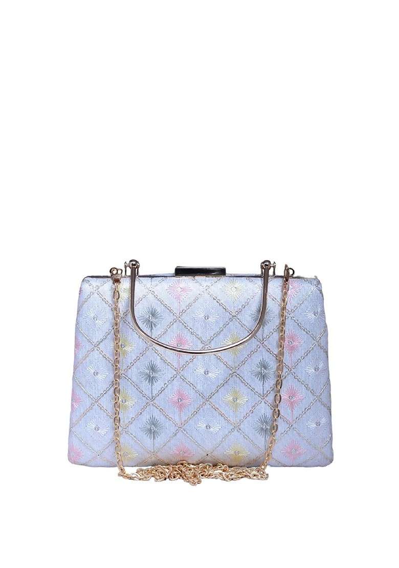 White Satin Ethnic Motifs Embroidered Thread Work Box Clutch - Indya