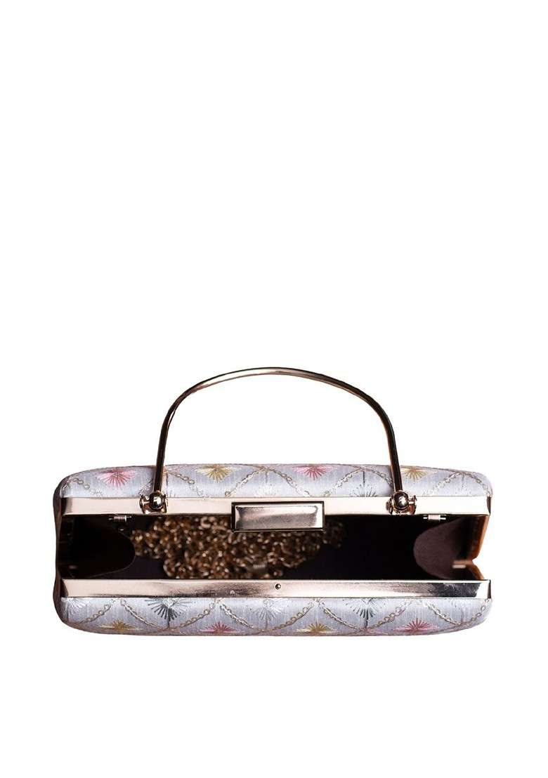 White Satin Ethnic Motifs Embroidered Thread Work Box Clutch - Indya