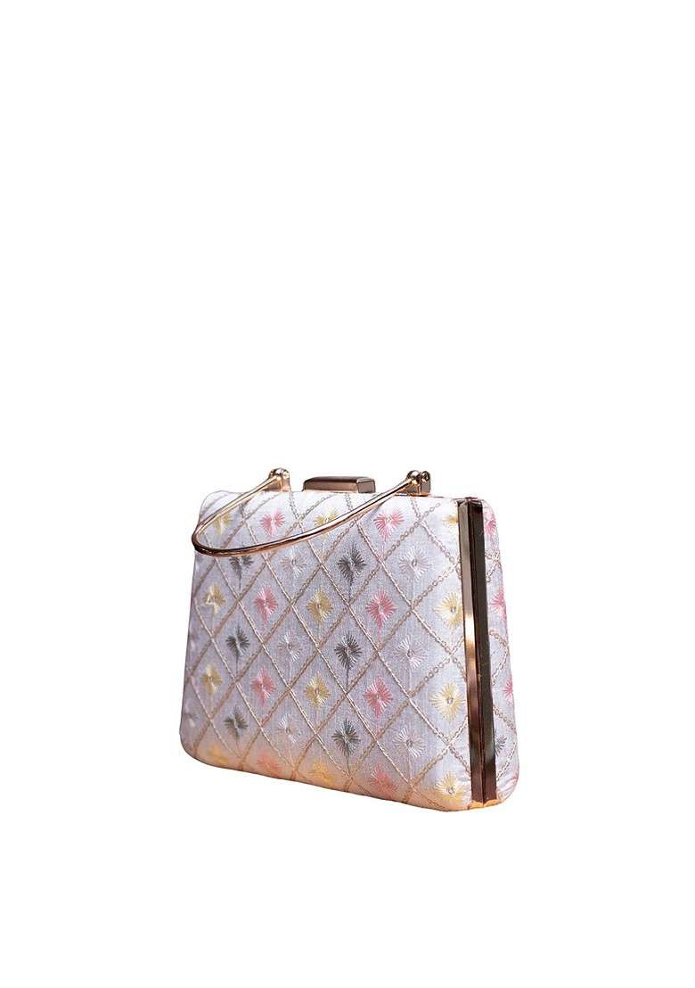 White Satin Ethnic Motifs Embroidered Thread Work Box Clutch - Indya