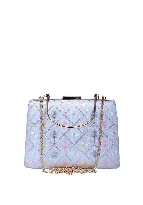 White Satin Ethnic Motifs Embroidered Thread Work Box Clutch