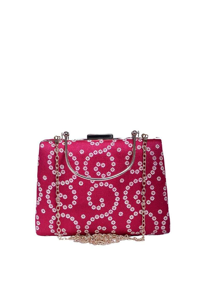 Red Fabric Floral Printed Box Clutch - Indya