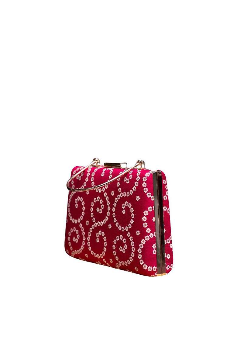 Red Fabric Floral Printed Box Clutch - Indya