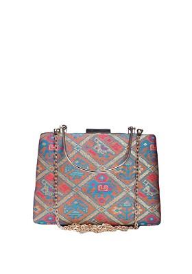 Brown Fabric Patola Printed Box Clutch