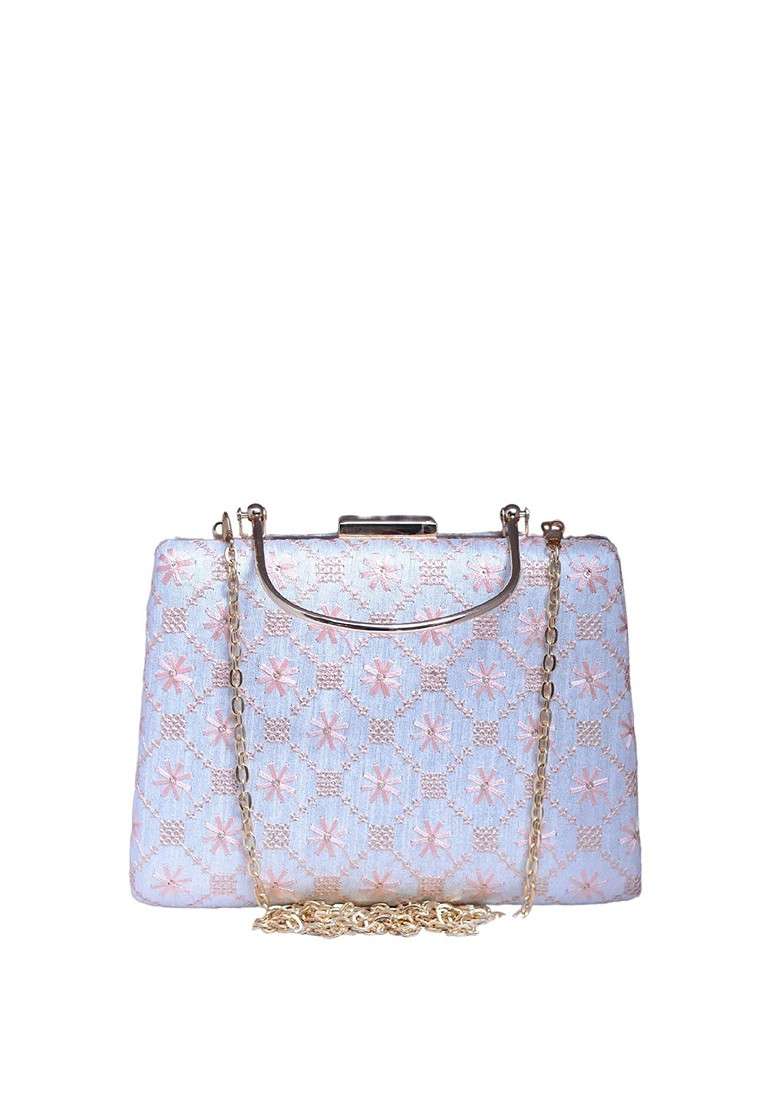 White Satin Floral Embroidered Box Clutch - Indya
