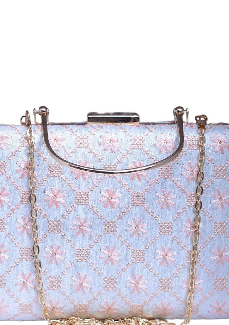 White Satin Floral Embroidered Box Clutch - Indya