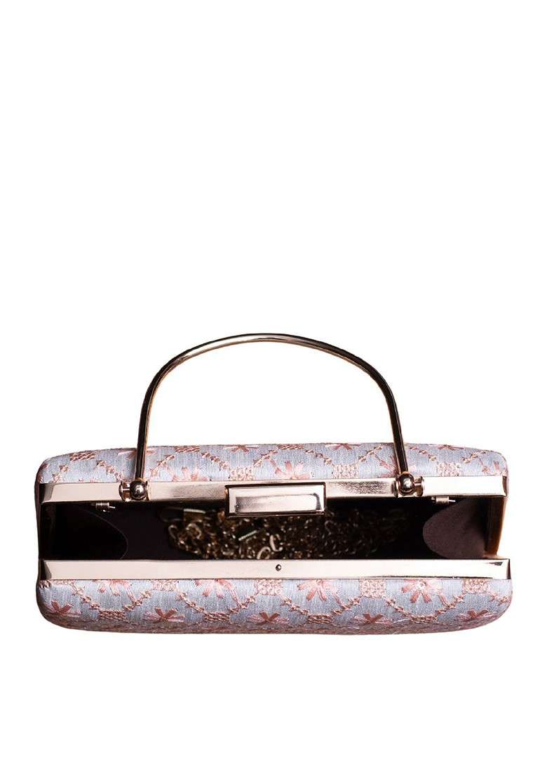 White Satin Floral Embroidered Box Clutch - Indya