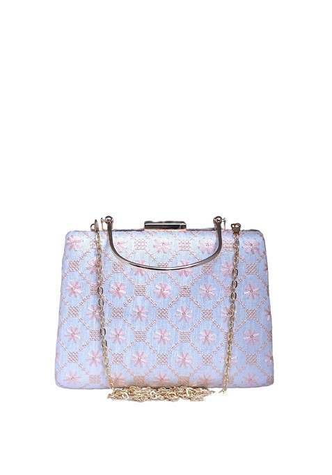 White Satin Floral Embroidered Box Clutch