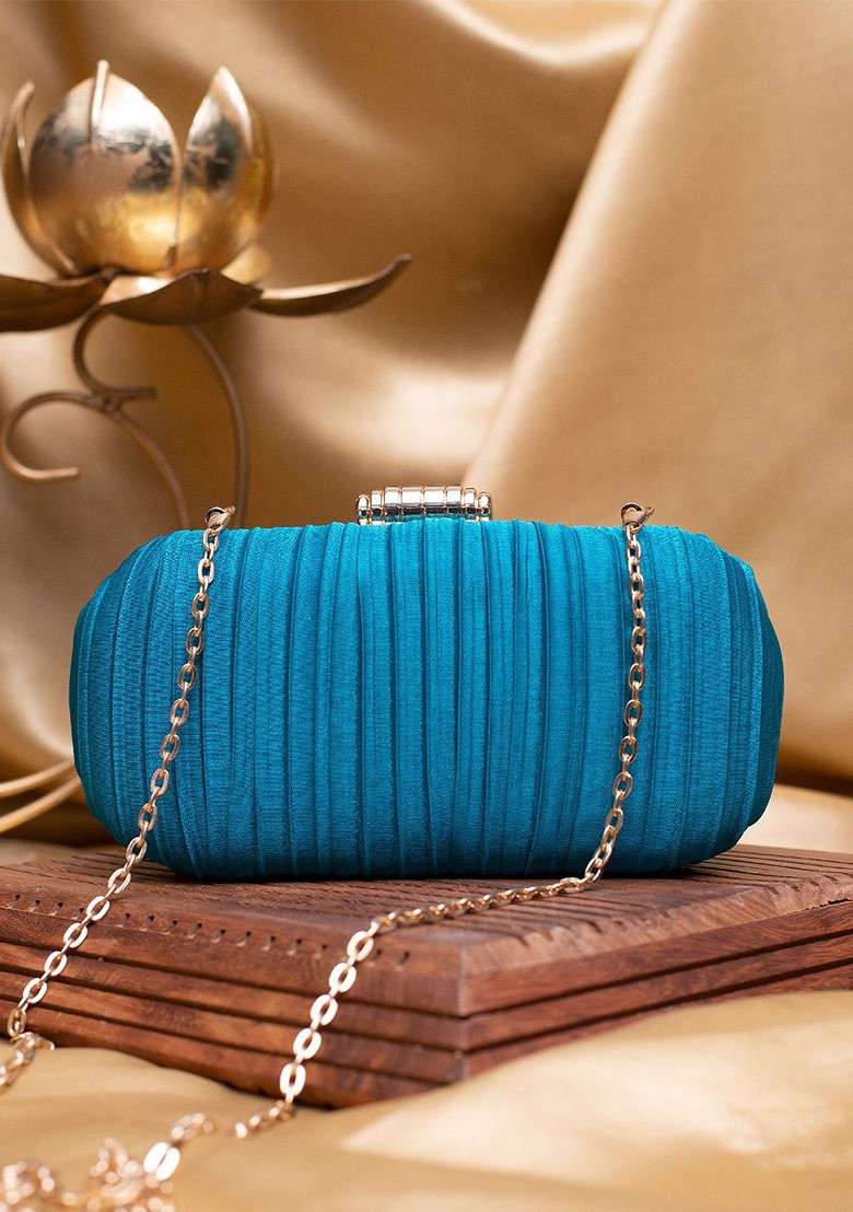 Blue Satin Textured Box Clutch - Indya