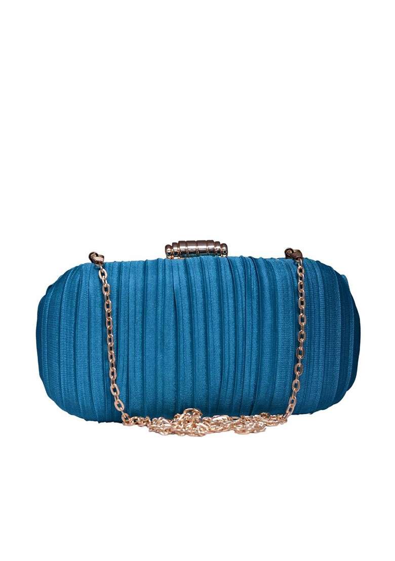 Blue Satin Textured Box Clutch - Indya