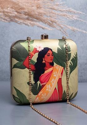 Green Fabric Indian Girl Portrait Printed Box Clutch