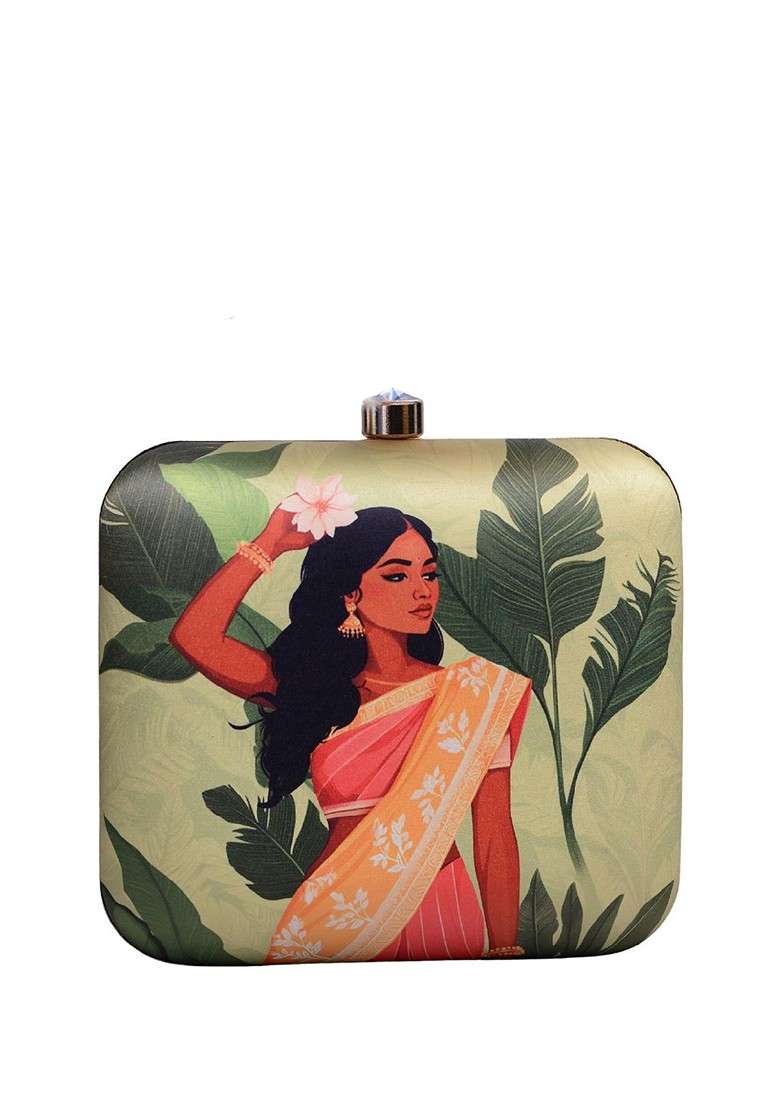 Green Fabric Indian Girl Portrait Printed Box Clutch - Indya