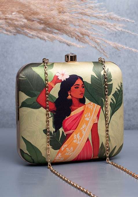 Green Fabric Indian Girl Portrait Printed Box Clutch