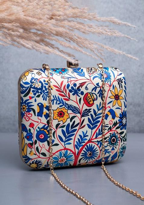 White Fabric Floral Printed Box Clutch