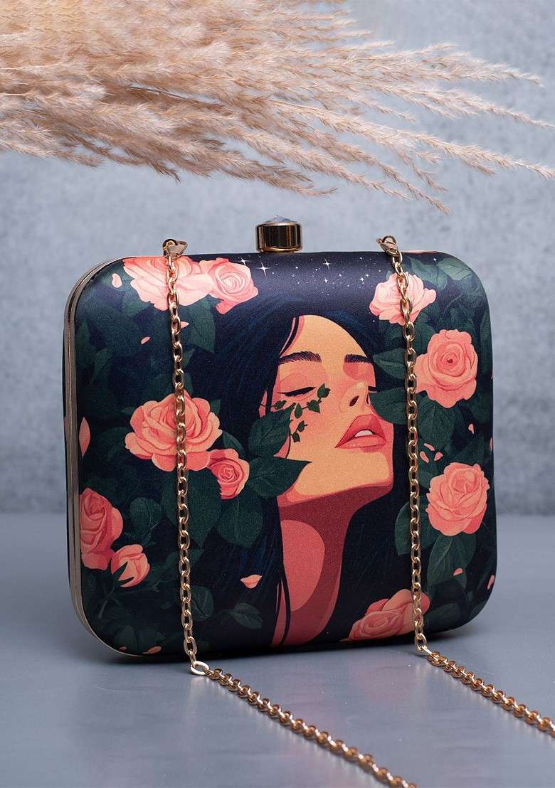 Black Fabric Rose And Girl Portrait Printed Box Clutch - Indya