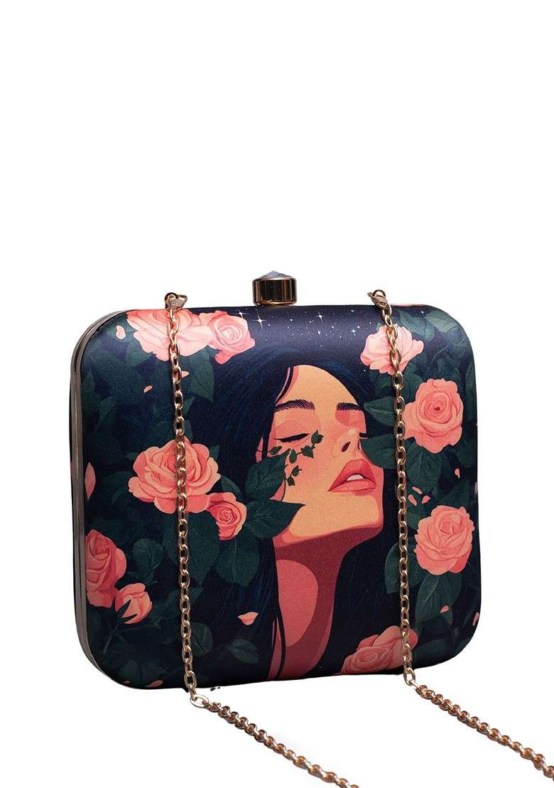 Black Fabric Rose And Girl Portrait Printed Box Clutch - Indya