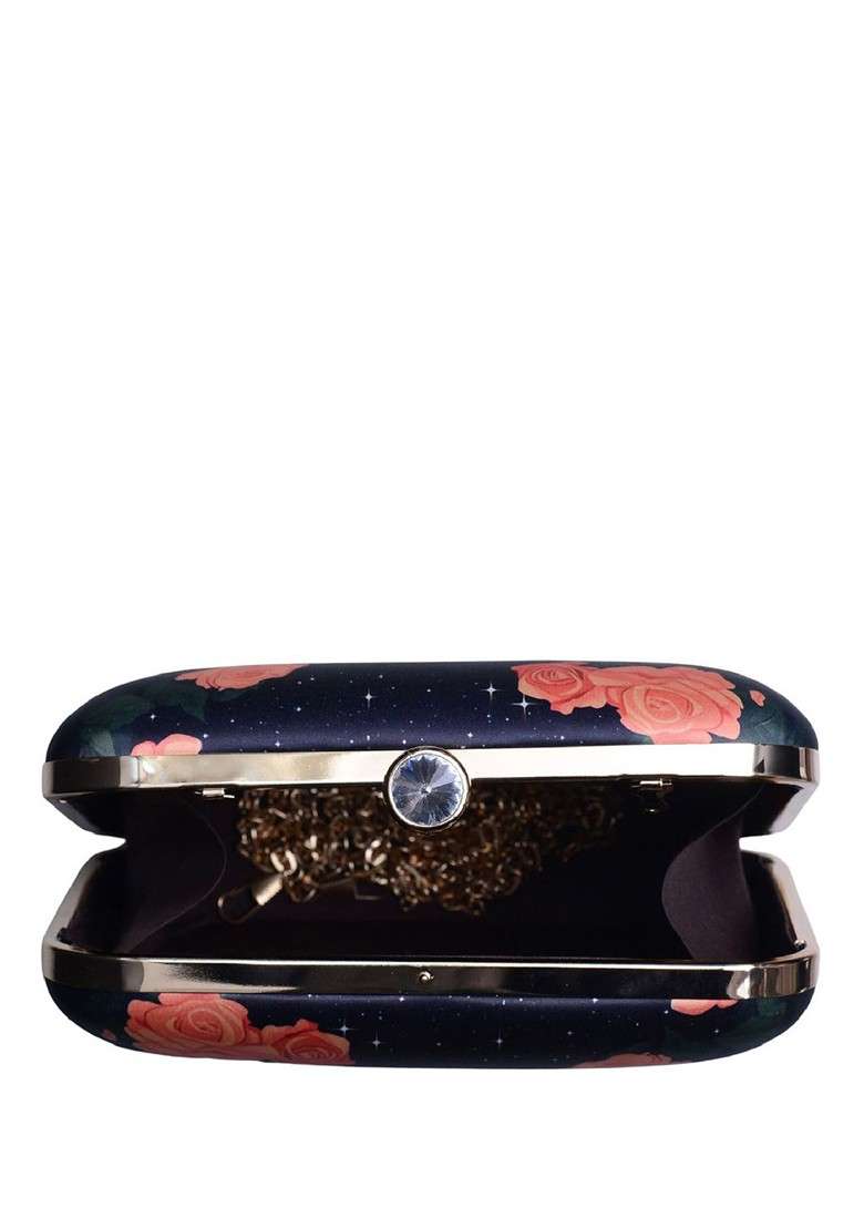 Black Fabric Rose And Girl Portrait Printed Box Clutch - Indya