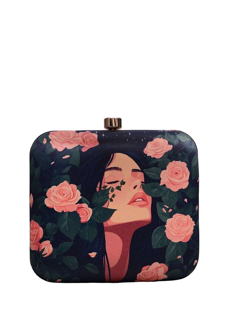Black Fabric Rose And Girl Portrait Printed Box Clutch - Indya