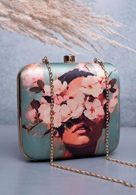 Green Fabric Floral Girl Portrait Printed Box Clutch
