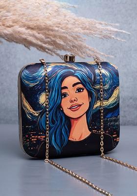 Blue Fabric Hair Girl Portrait Printed Box Clutch