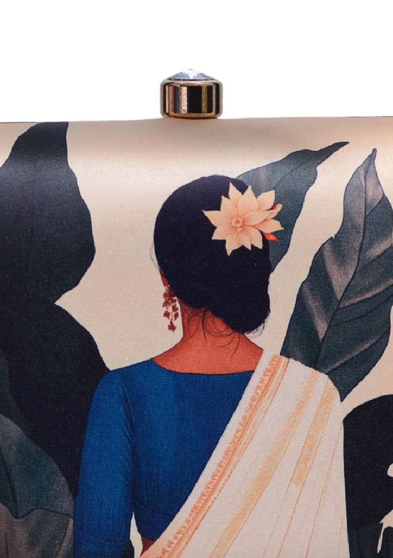 Beige Fabric Based Portrait Of Indian Lady Printed Box Clutch - Indya