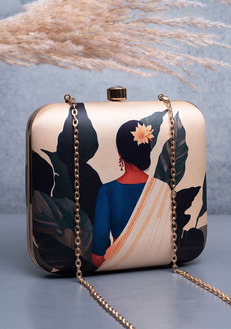 Beige Fabric Based Portrait Of Indian Lady Printed Box Clutch - Indya